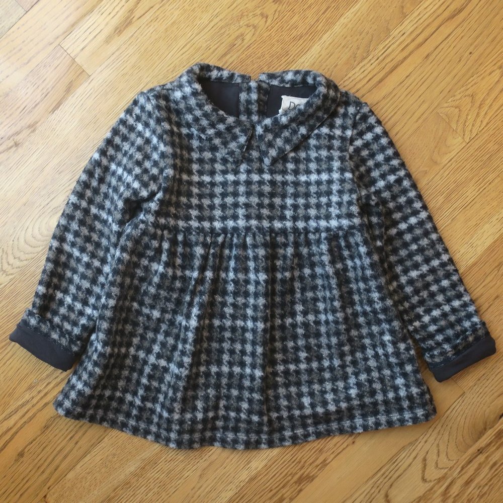 DOUUOD girls wool houndstooth babydoll top grey collar long sleeve button Size 6